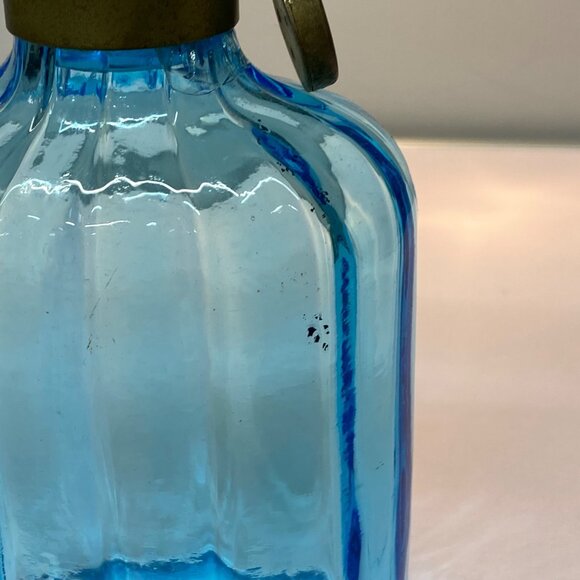 Vtg Blue Glass Apothecary Liquor Bottle UV Reactive Metal Locking Collar Stopper - Picture 11 of 16